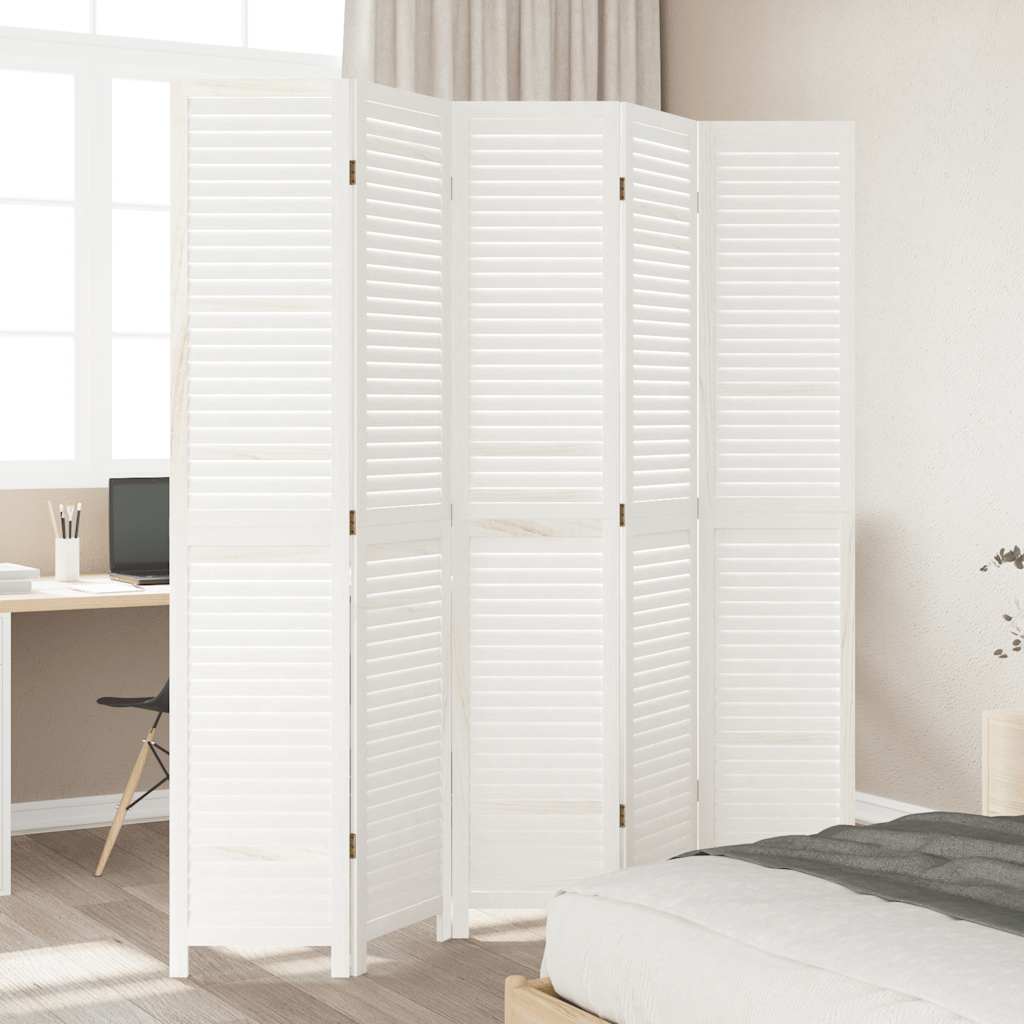 Room Divider 5 Panels White Solid Wood Paulownia
