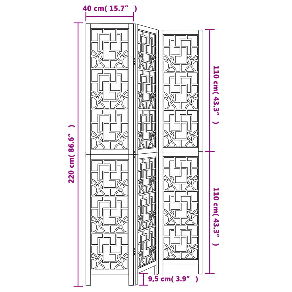 vidaXL Room Divider 3 Panels Brown Solid Wood Paulownia