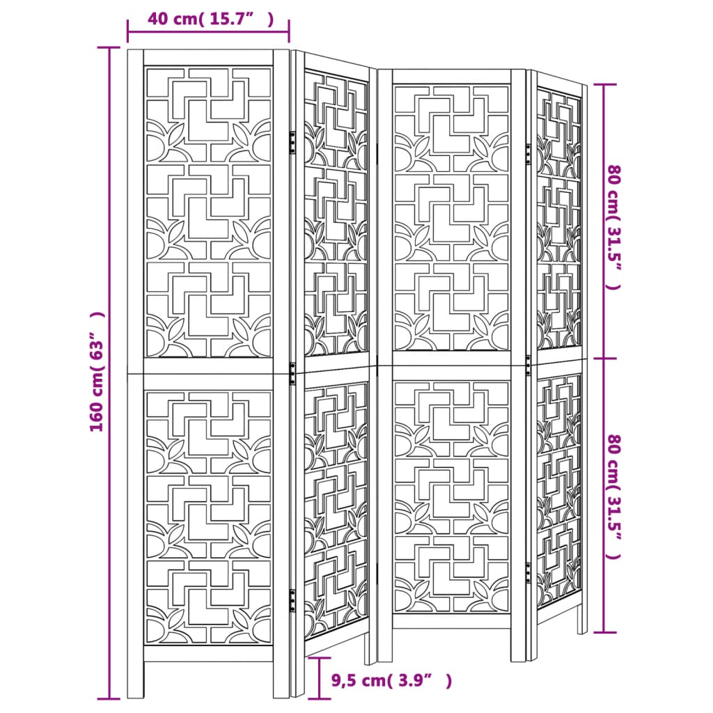 vidaXL Room Divider 4 Panels Brown Solid Wood Paulownia