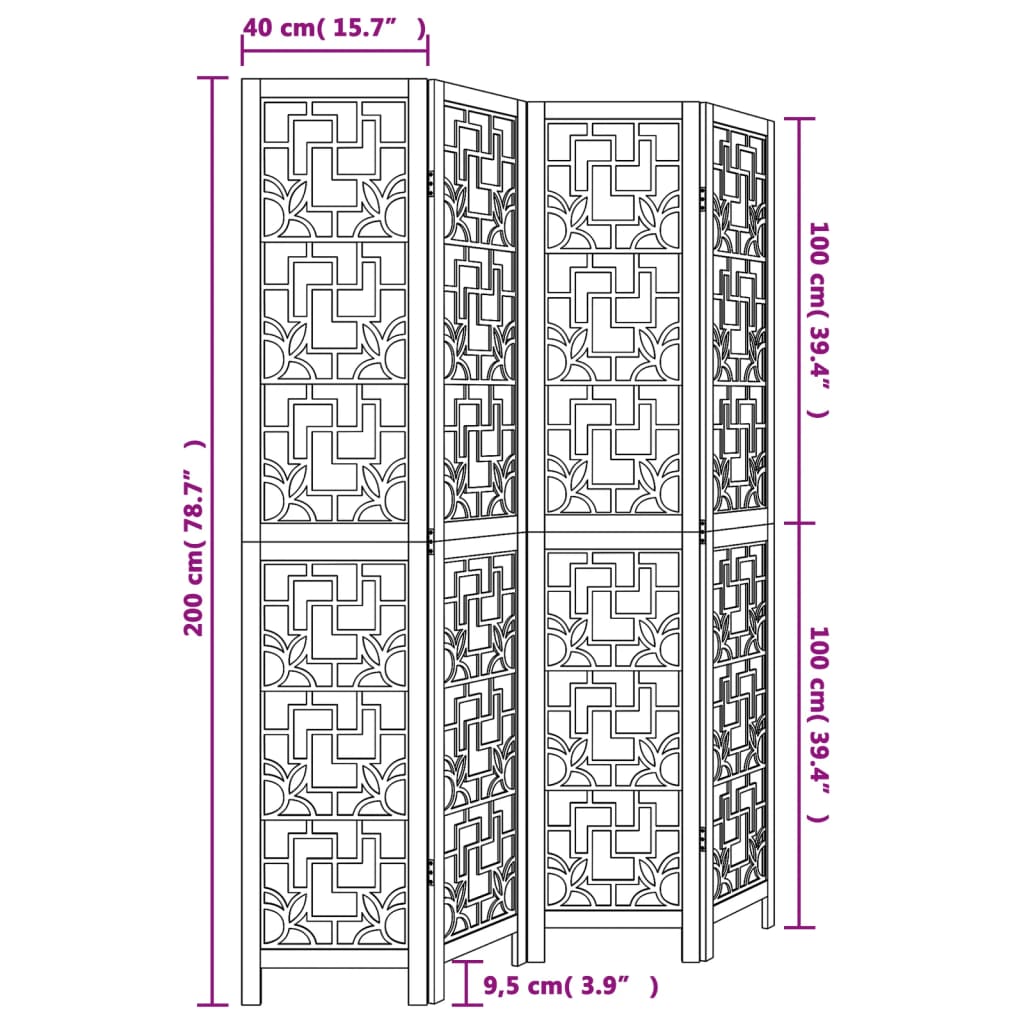 vidaXL Room Divider 4 Panels Brown Solid Wood Paulownia