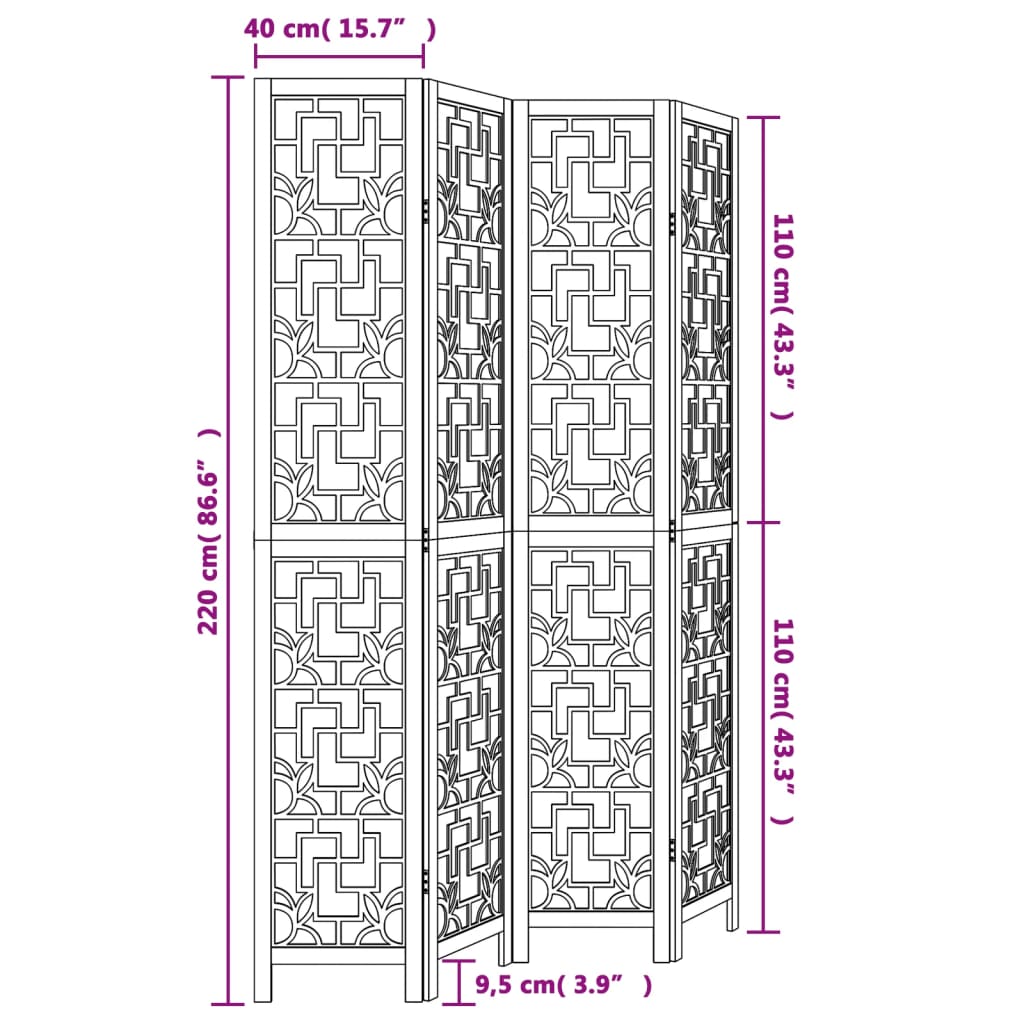 vidaXL Room Divider 4 Panels Brown Solid Wood Paulownia