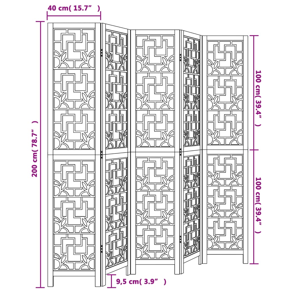 vidaXL Room Divider 5 Panels Brown Solid Wood Paulownia