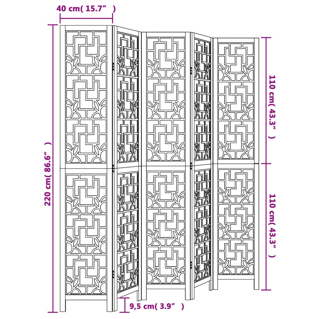 vidaXL Room Divider 5 Panels Brown Solid Wood Paulownia