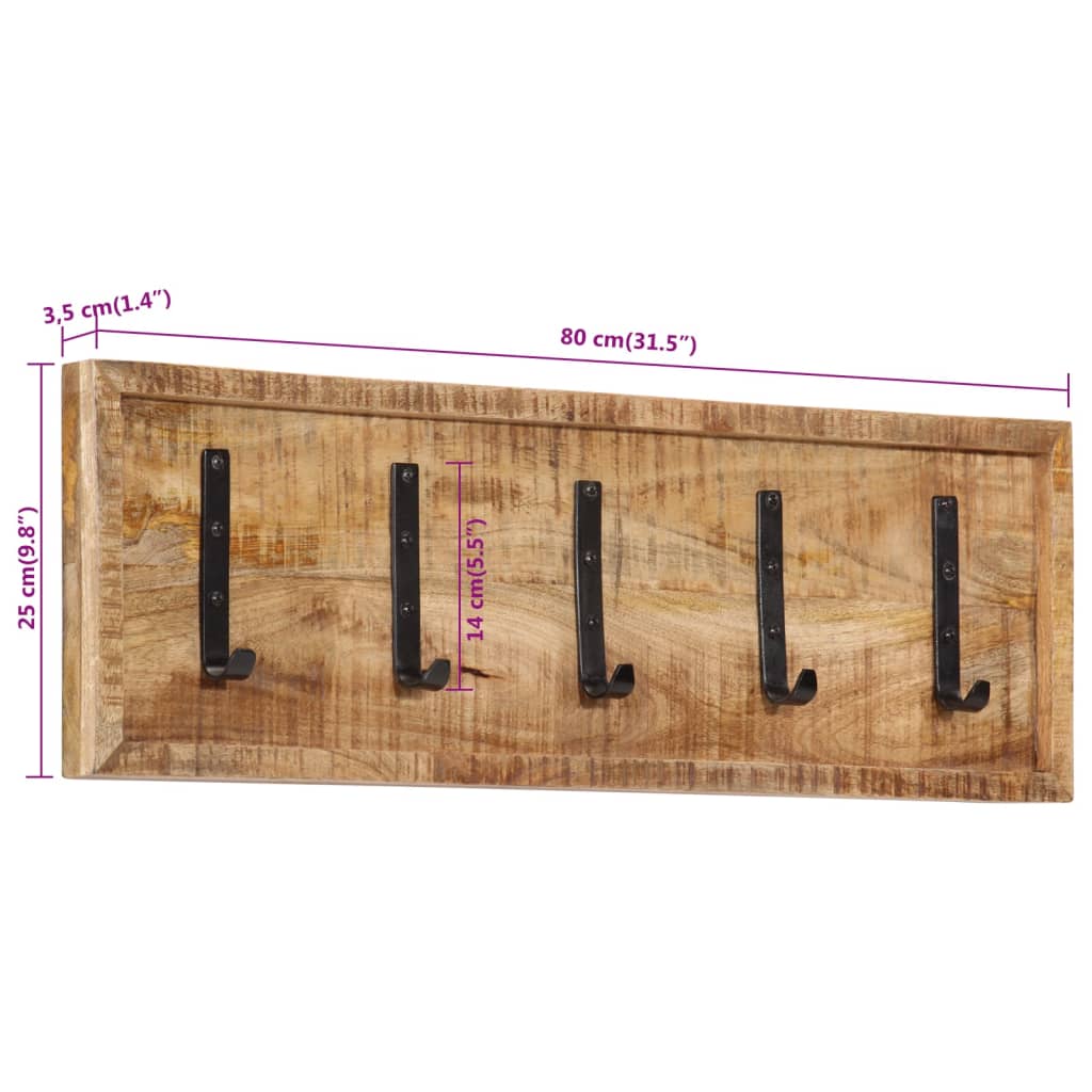 vidaXL Wall-mounted Coat Rack with 5 Hooks Solid Wood Mango