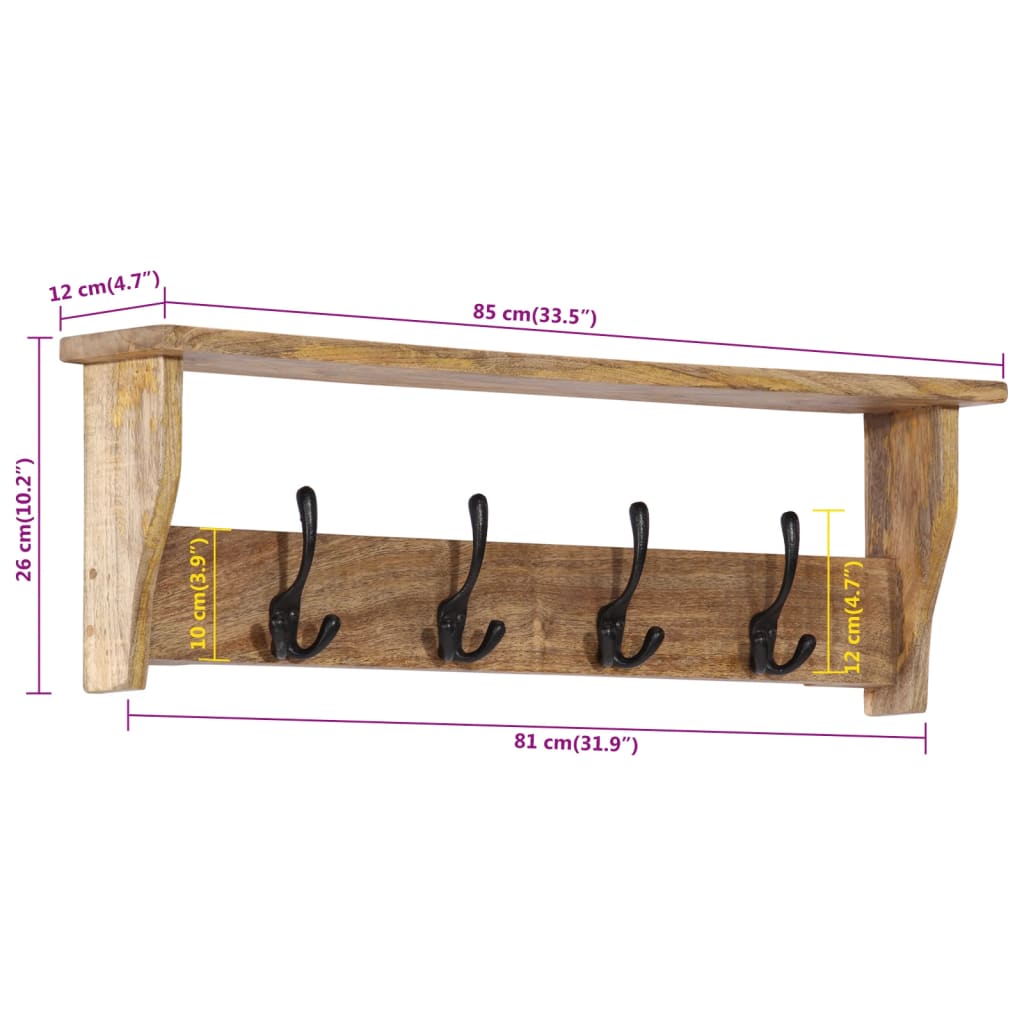 vidaXL Wall-mounted Coat Rack with 4 Hooks Solid Wood Mango