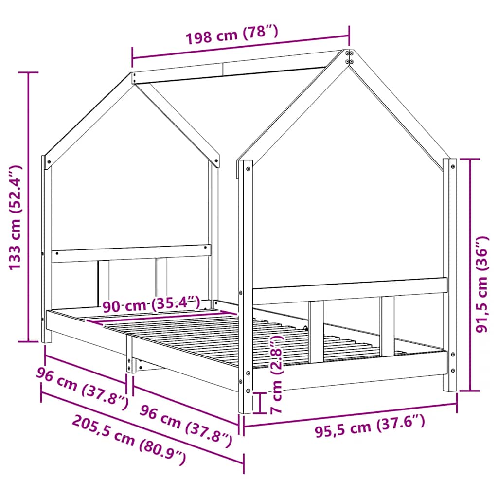 Kids Bed Frame White 90x200 cm Solid Wood Pine