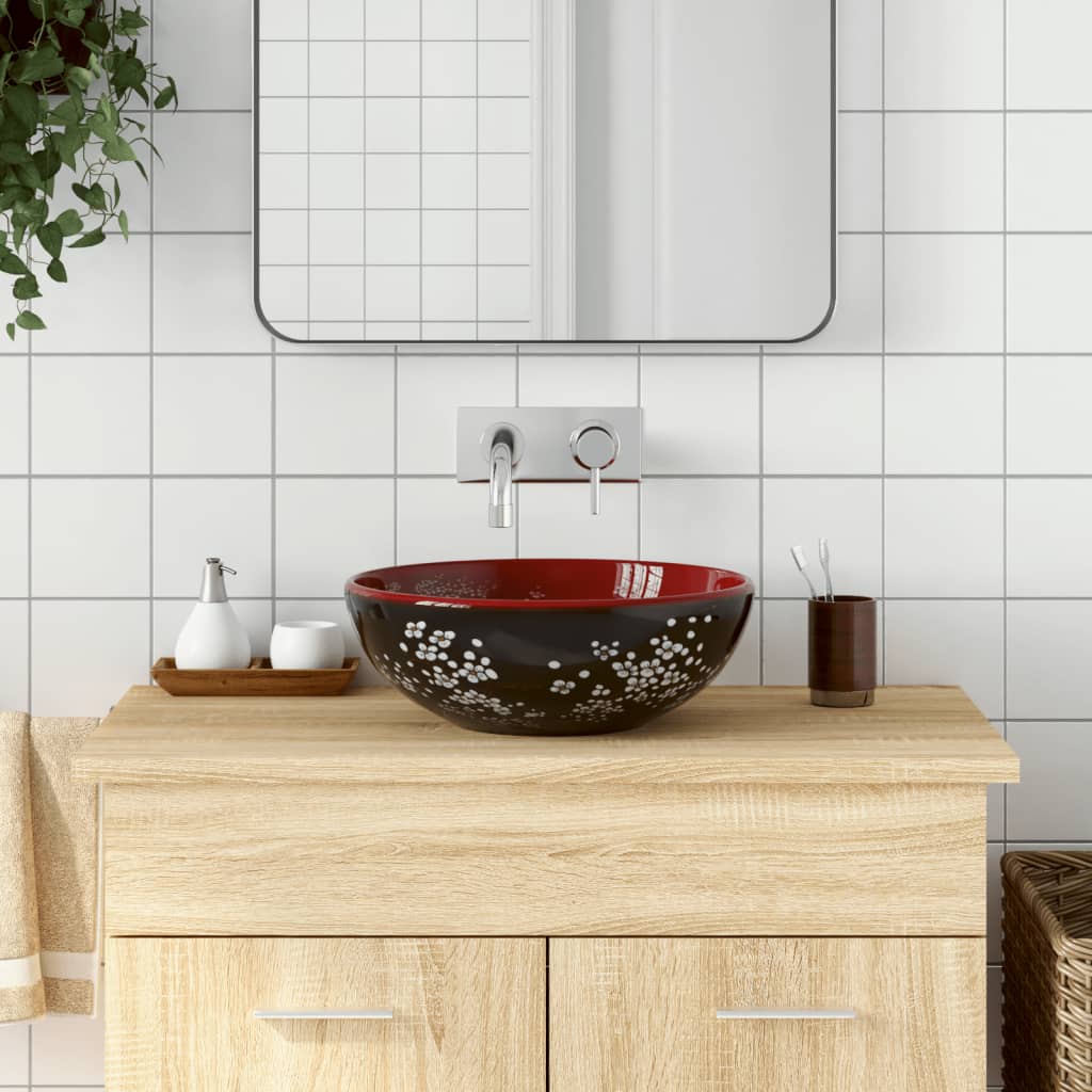 vidaXL Countertop Basin Black and Red Round Φ41x14 cm Ceramic