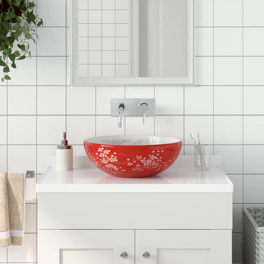 vidaXL Countertop Basin White and Red Round Φ41x14 cm Ceramic