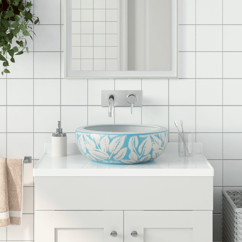 Countertop Basin White and Blue Round Φ41x14 cm Ceramic