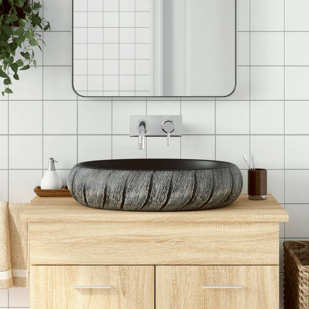 vidaXL Countertop Basin Black and Grey Oval 59x40x15 cm Ceramic