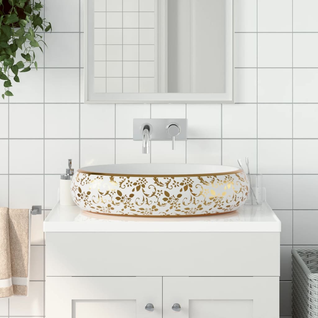 vidaXL Countertop Basin White and Gold Oval 59x40x15 cm Ceramic