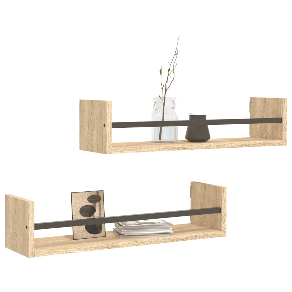 Wall Shelves with Bars 2 pcs Sonoma Oak 60x16x14 cm