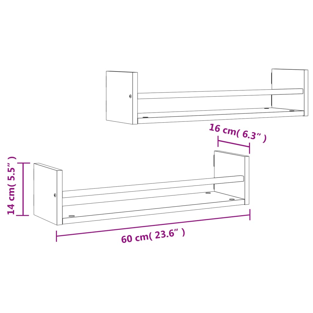 vidaXL Wall Shelves with Bars 2 pcs Grey Sonoma 60x16x14 cm