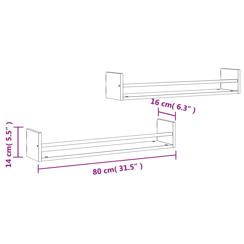 vidaXL Wall Shelves with Bars 2 pcs Smoked Oak 80x16x14 cm