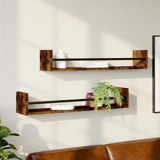 vidaXL Wall Shelves with Bars 2 pcs Smoked Oak 80x16x14 cm