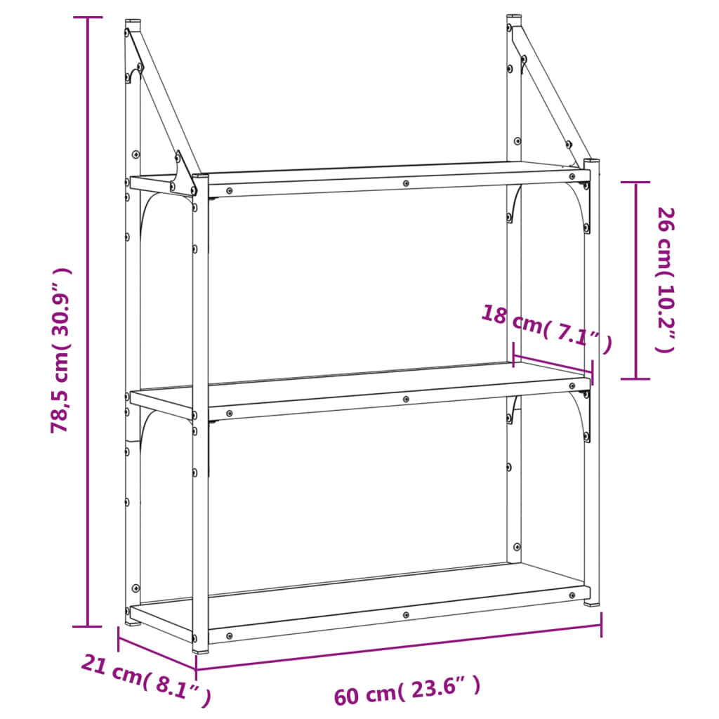 vidaXL 3-Tier Wall Shelf Black 60x21x78.5 cm Engineered Wood