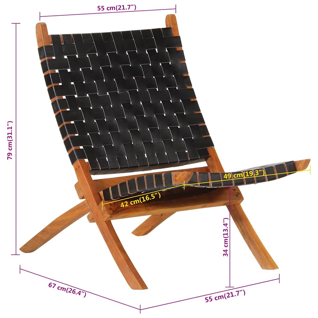 Folding Relaxing Chair Black Real Leather