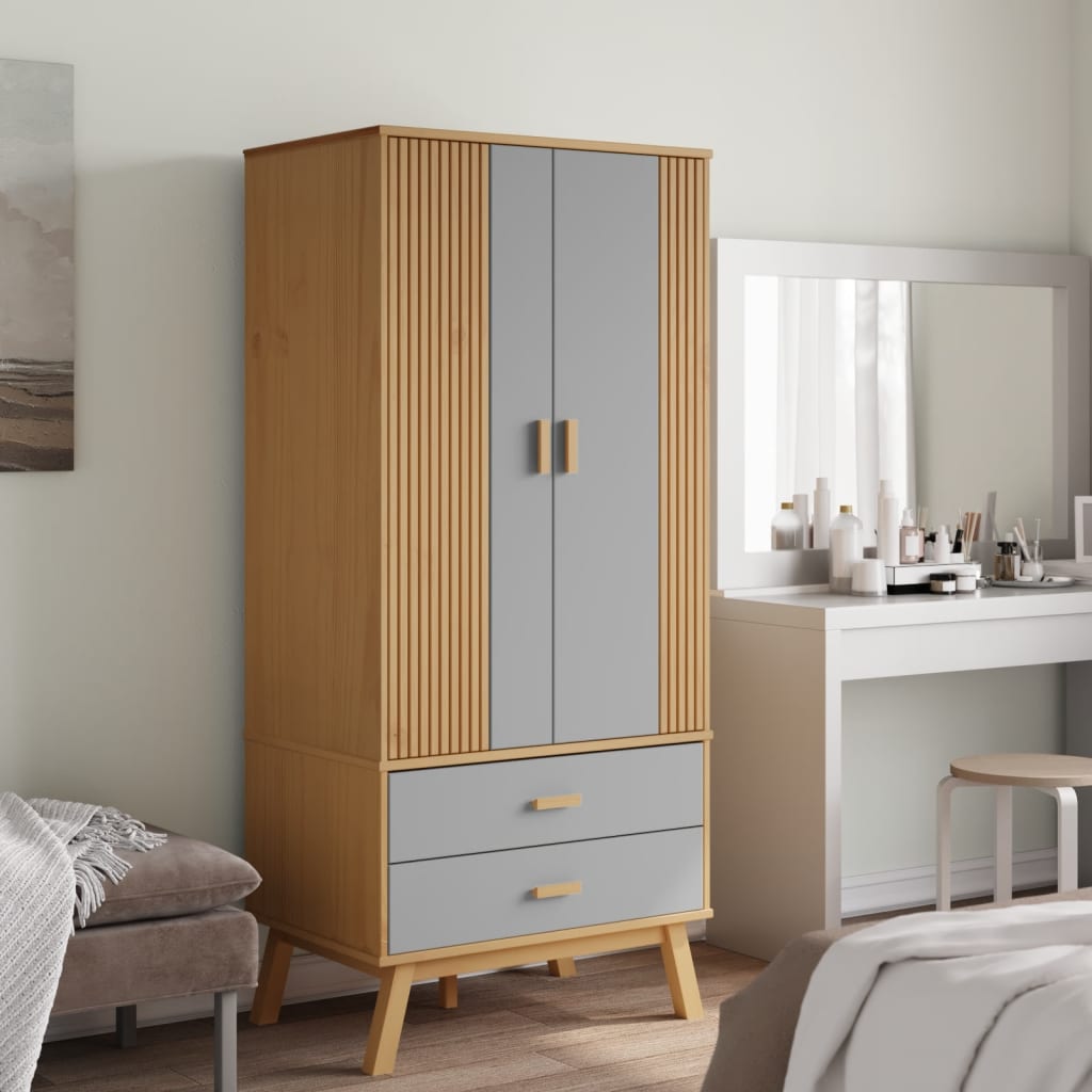 vidaXL Wardrobe OLDEN Grey and Brown 76.5x53x172 cm Solid Wood Pine