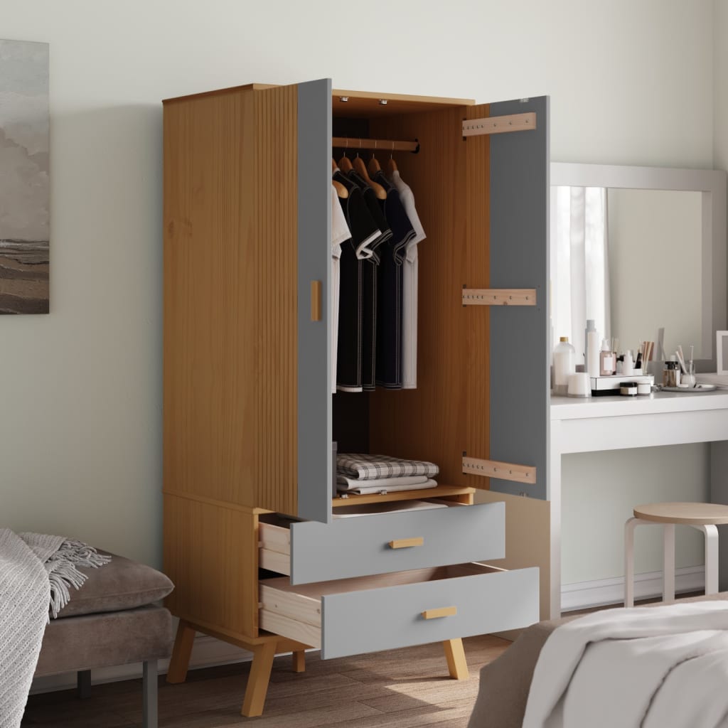 vidaXL Wardrobe OLDEN Grey and Brown 76.5x53x172 cm Solid Wood Pine