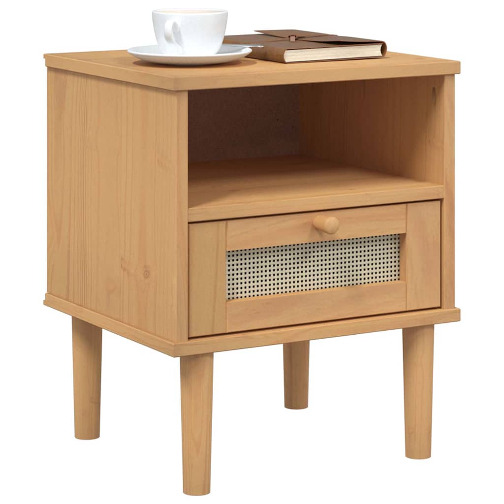 Bedside Cabinet SENJA Rattan Look Brown 40x35x48 cm Solid Wood Pine