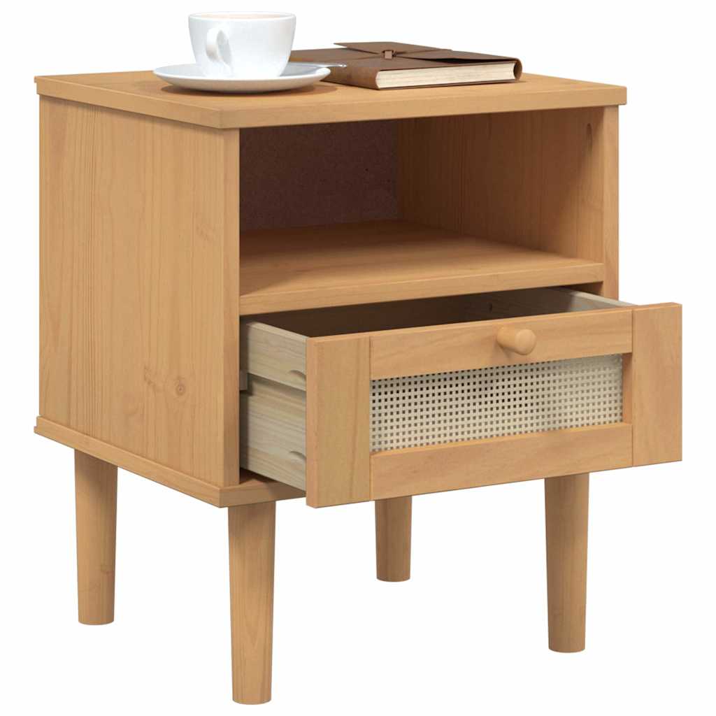 Bedside Cabinet SENJA Rattan Look Brown 40x35x48 cm Solid Wood Pine