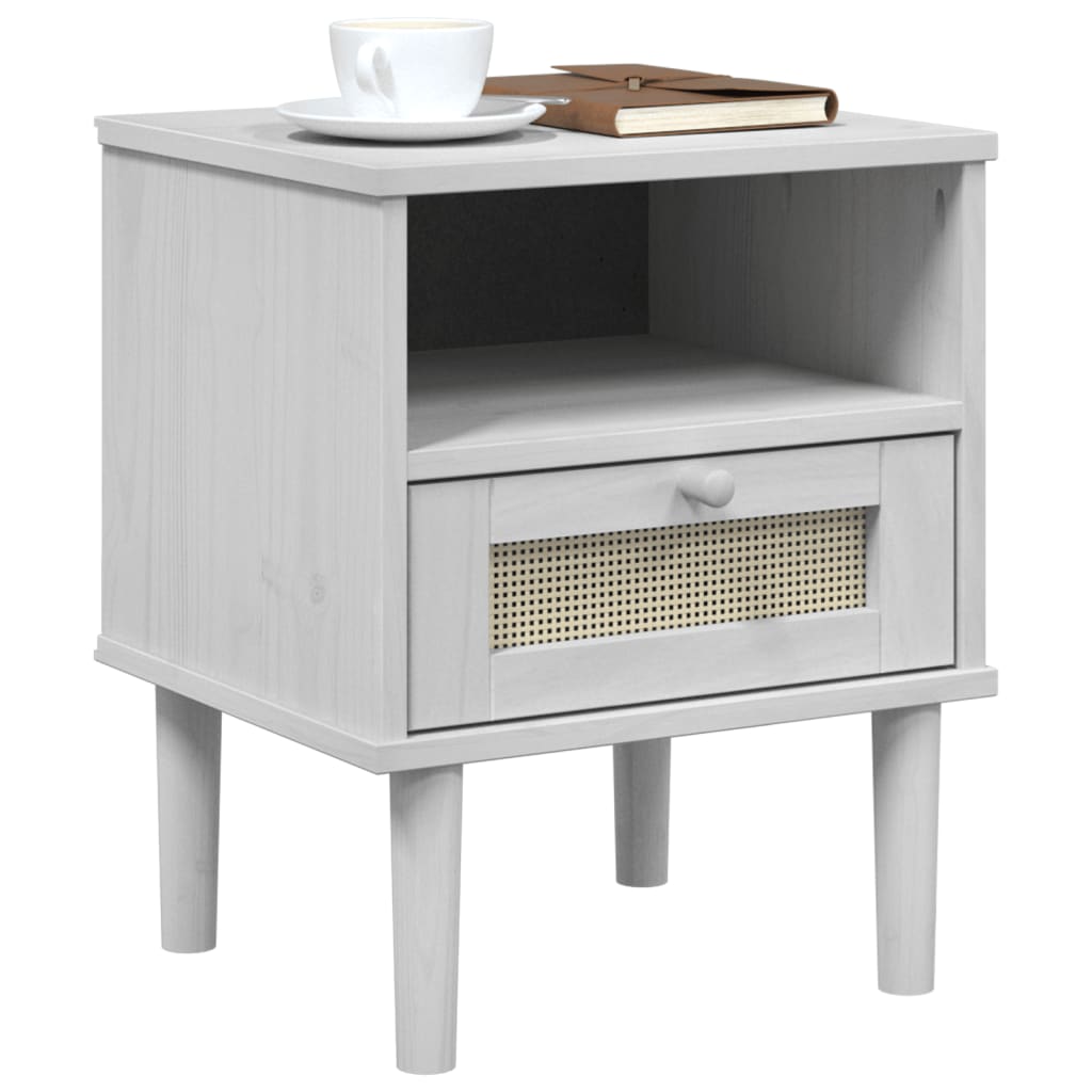 Bedside Cabinet SENJA Rattan Look White 40x35x48 cm Solid Wood Pine