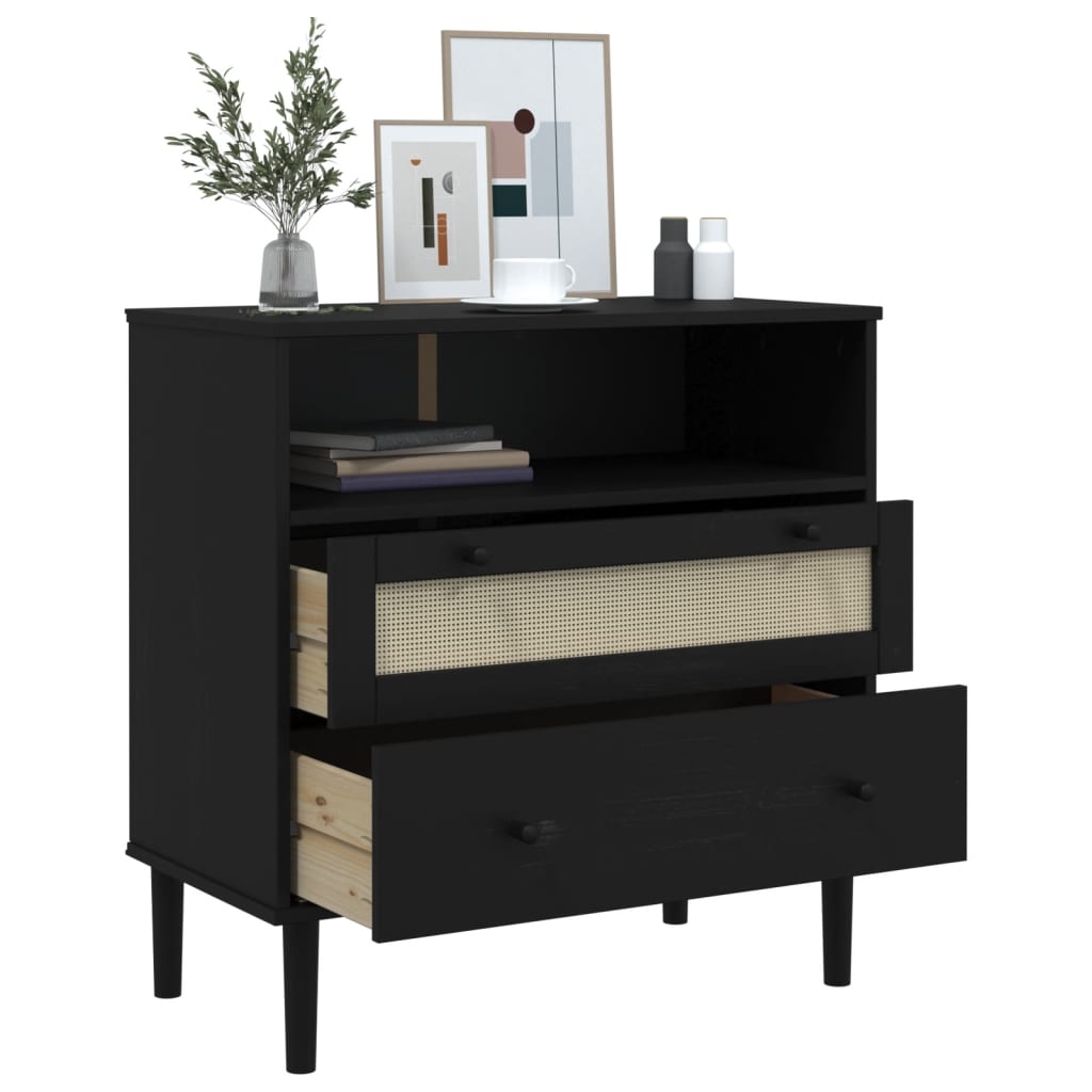 Sideboard SENJA Rattan Look Black 80x40x80 cm Solid Wood Pine