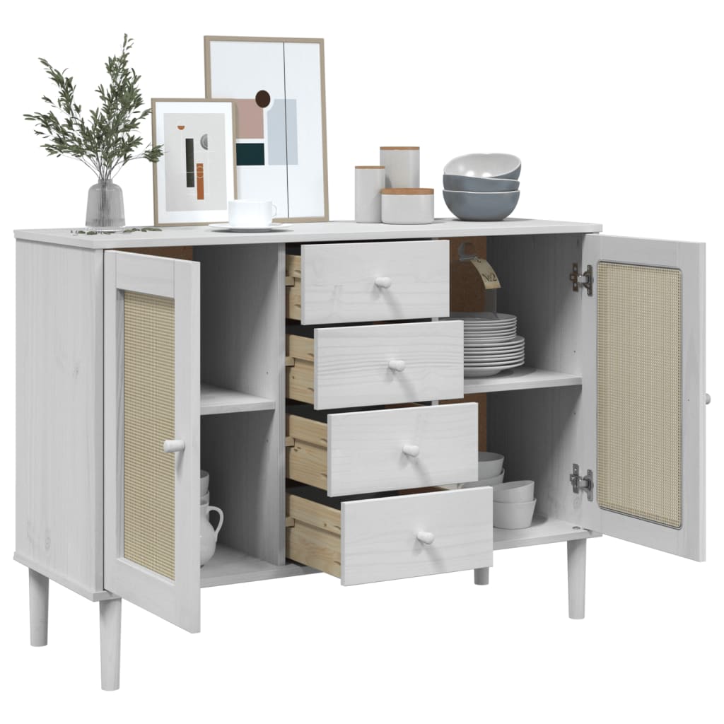 Sideboard SENJA Rattan Look White 112x40x80 cm Solid Wood Pine