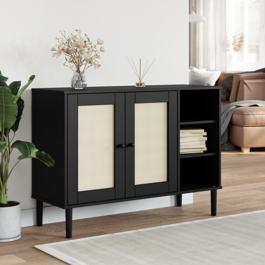 vidaXL Sideboard SENJA Rattan Look Black 112x40x80cm Solid Wood Pine