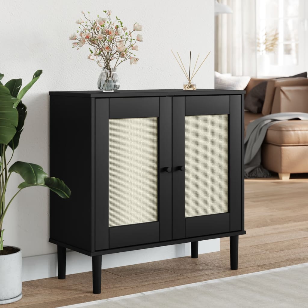 Sideboard SENJA Rattan Look Black 80x35x80 cm Solid Wood Pine