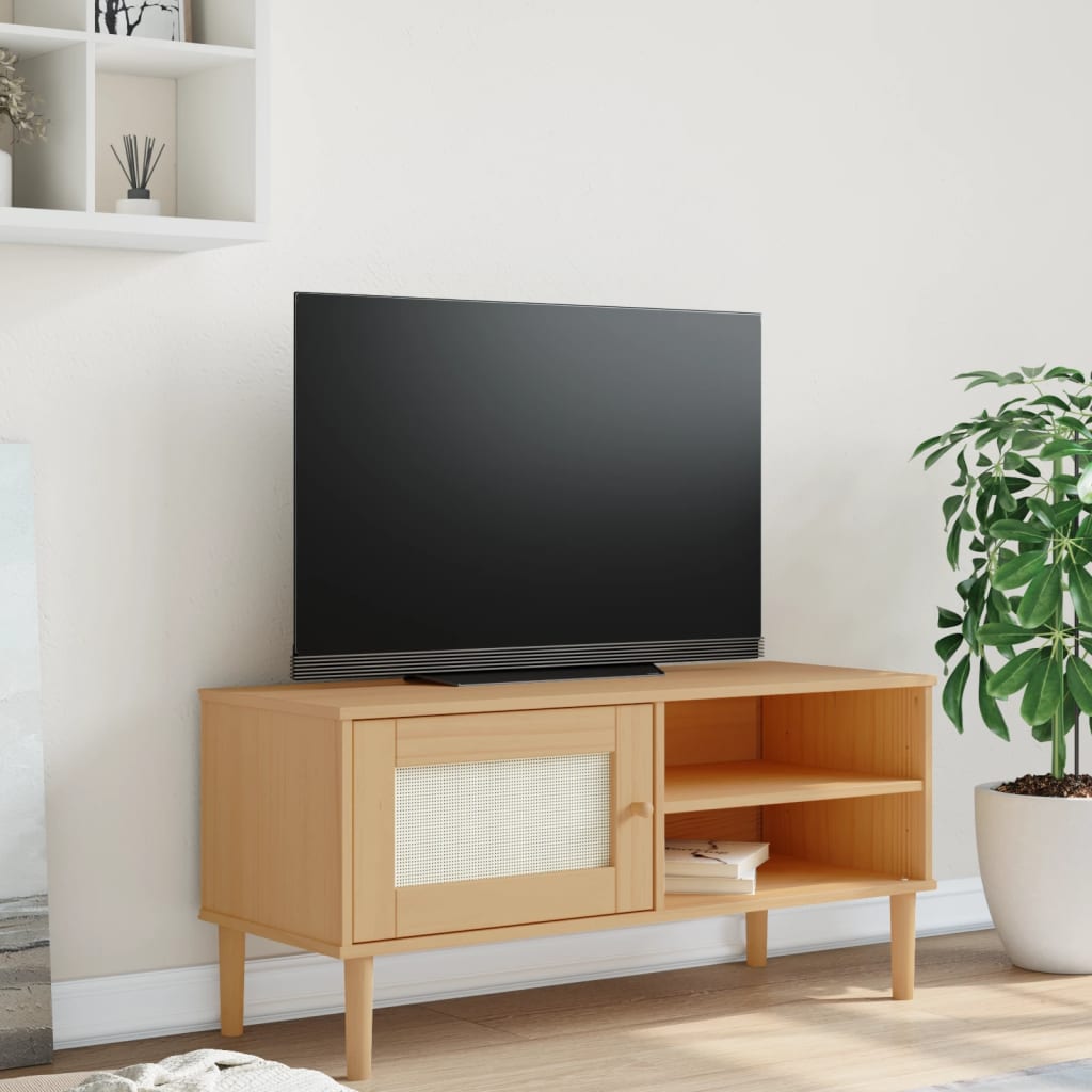 TV Cabinet "SENJA" Rattan Look Brown 106x40x49cm Solid Wood Pine