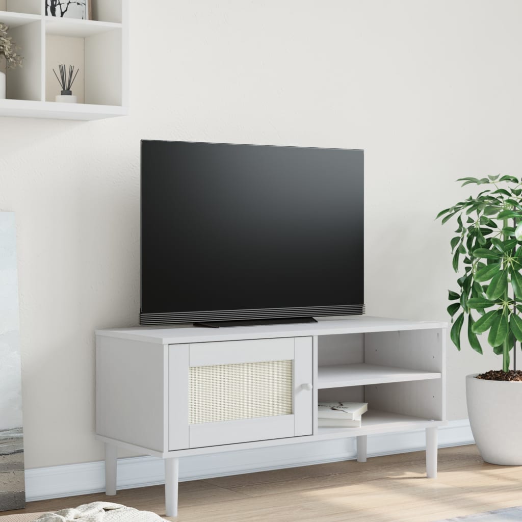 TV Cabinet "SENJA" Rattan Look White 106x40x49cm Solid Wood Pine