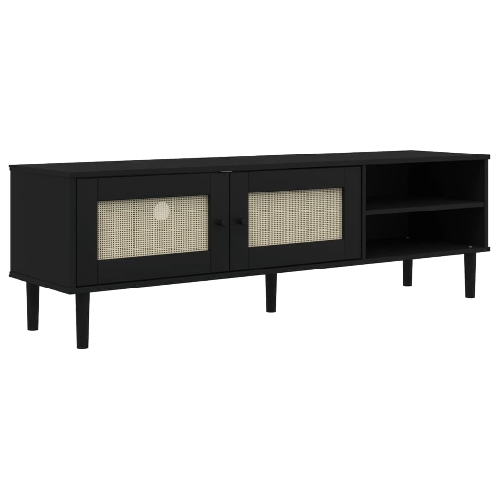 TV Cabinet "SENJA" Rattan Look Black 158x40x49cm Solid Wood Pine