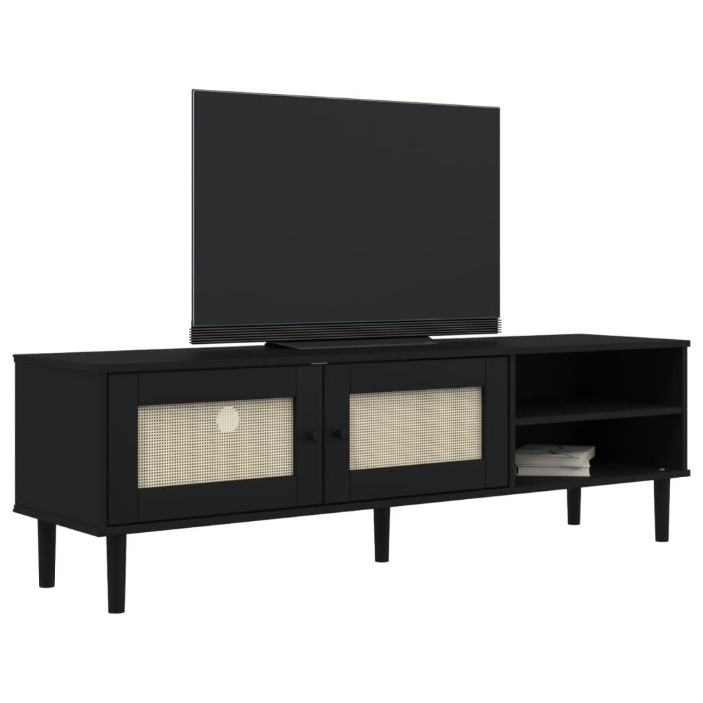 TV Cabinet "SENJA" Rattan Look Black 158x40x49cm Solid Wood Pine