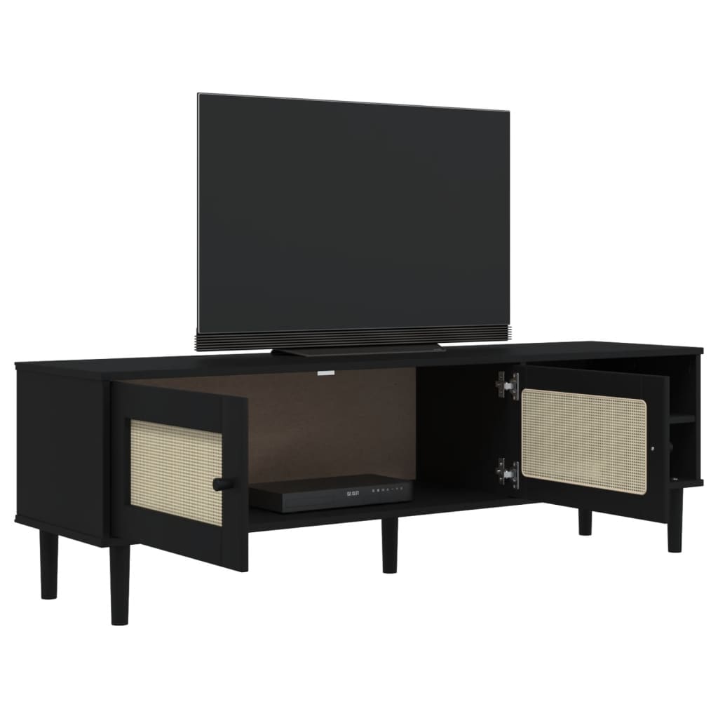 TV Cabinet "SENJA" Rattan Look Black 158x40x49cm Solid Wood Pine