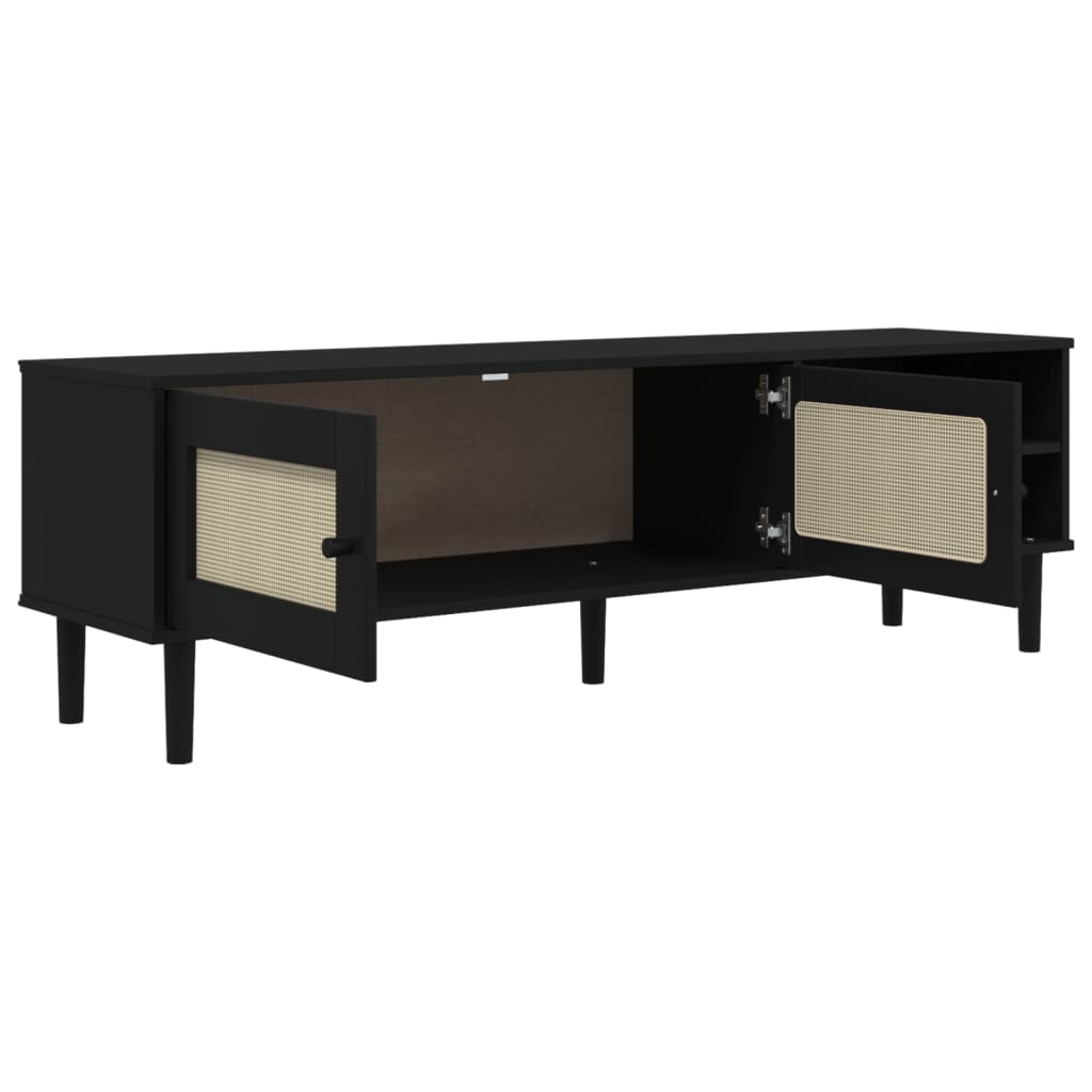TV Cabinet "SENJA" Rattan Look Black 158x40x49cm Solid Wood Pine