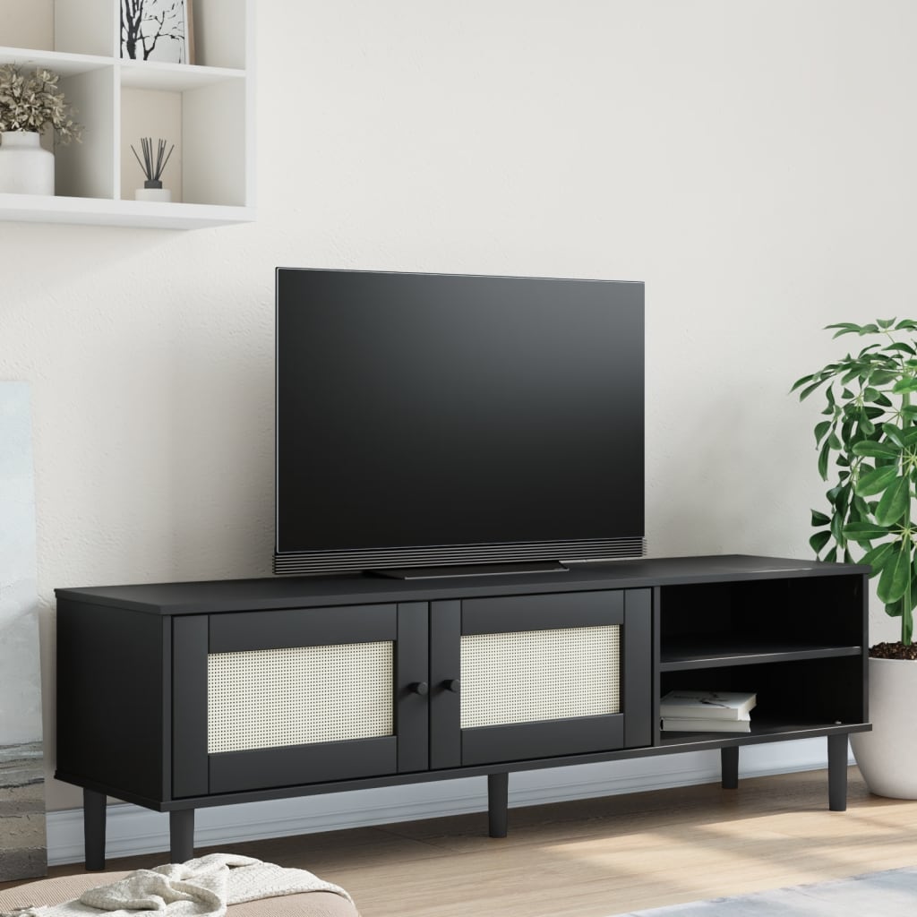 TV Cabinet "SENJA" Rattan Look Black 158x40x49cm Solid Wood Pine