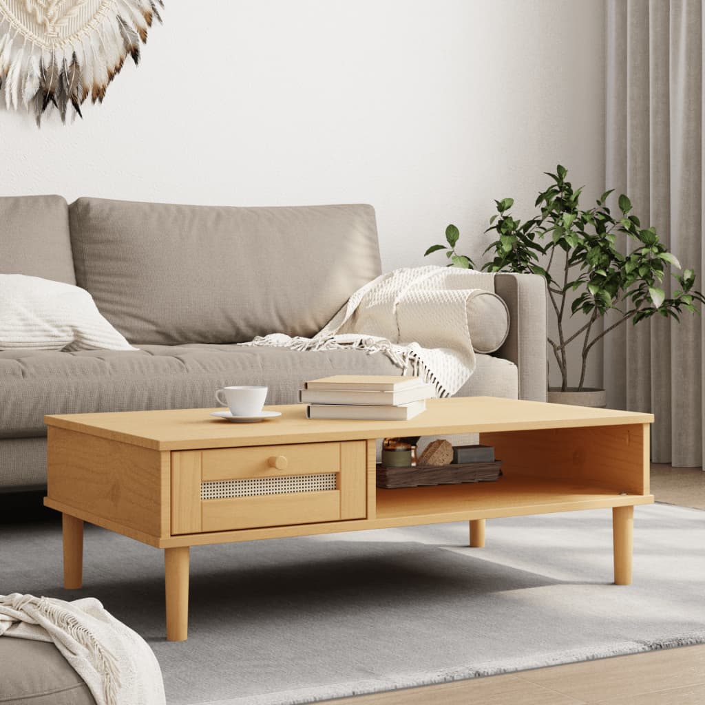 Coffee Table "SENJA" Rattan Look Brown 100x55x33 cm Solid Wood