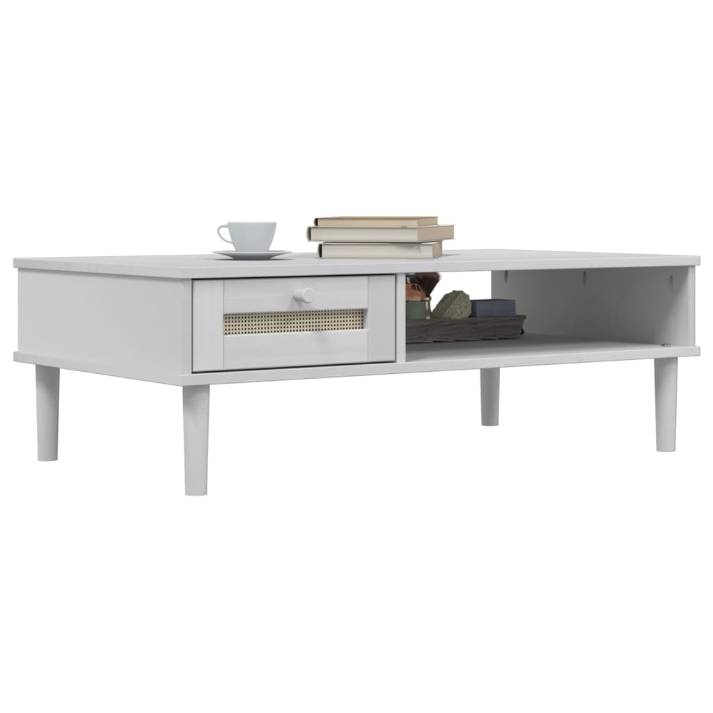 Coffee Table "SENJA" Rattan Look White 100x55x33 cm Solid Wood