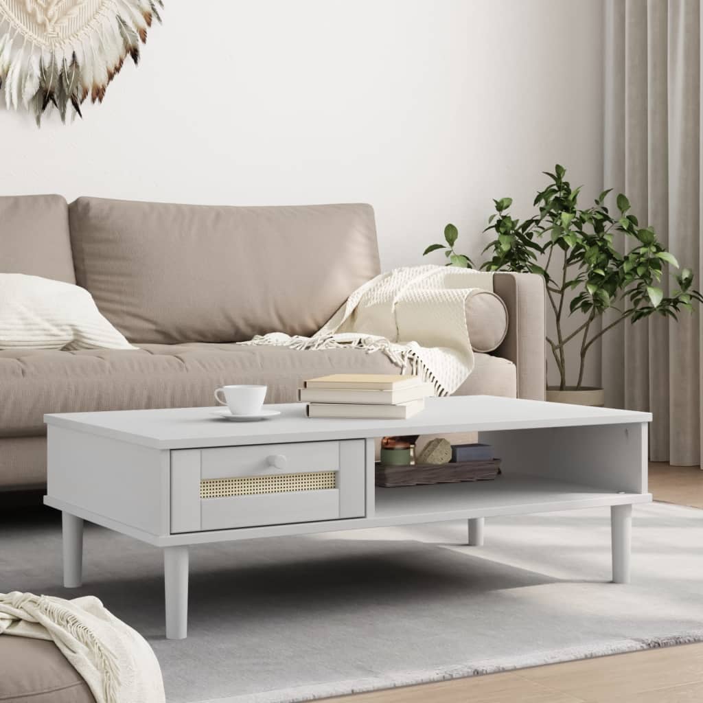 Coffee Table "SENJA" Rattan Look White 100x55x33 cm Solid Wood