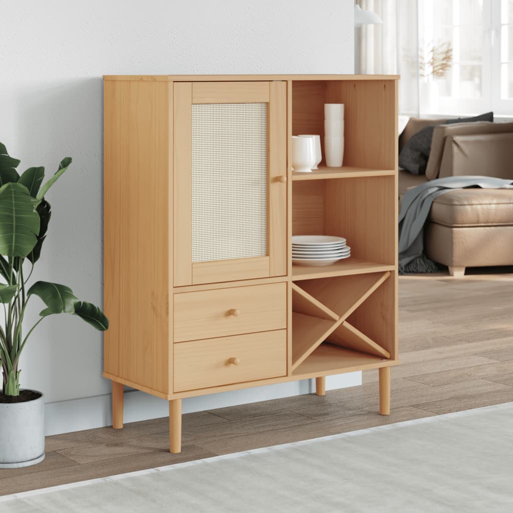 Highboard SENJA Rattan Look Brown 90x40x112cm Solid Wood Pine