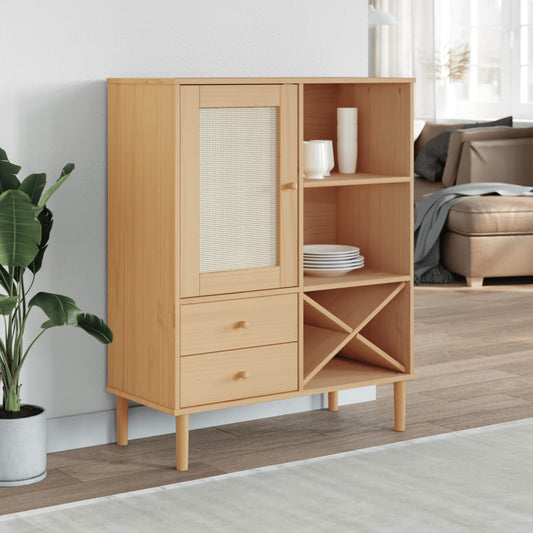 Highboard SENJA Rattan Look Brown 90x40x112cm Solid Wood Pine