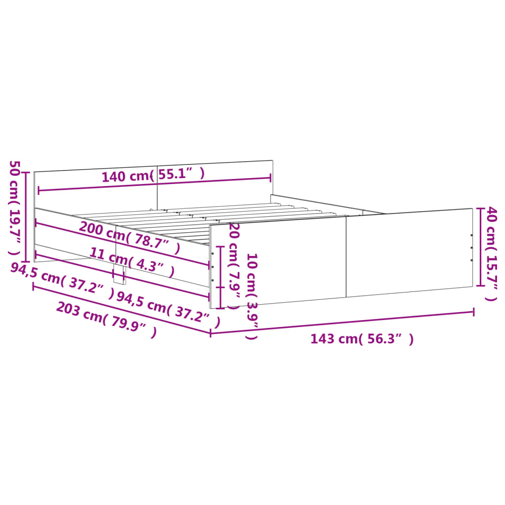 vidaXL Bed Frame without Mattress Grey Sonoma 140x200 cm