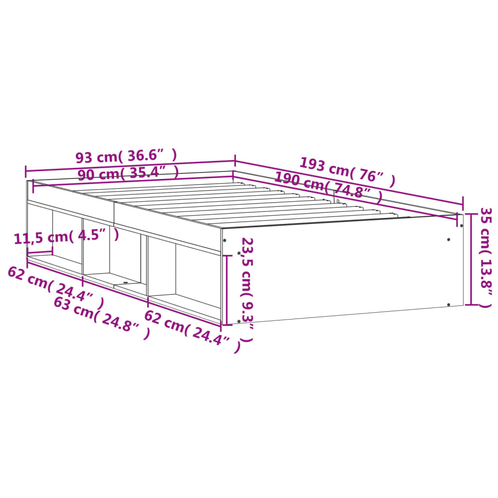 vidaXL Bed Frame without Mattress Grey Sonoma 90x190 cm Single