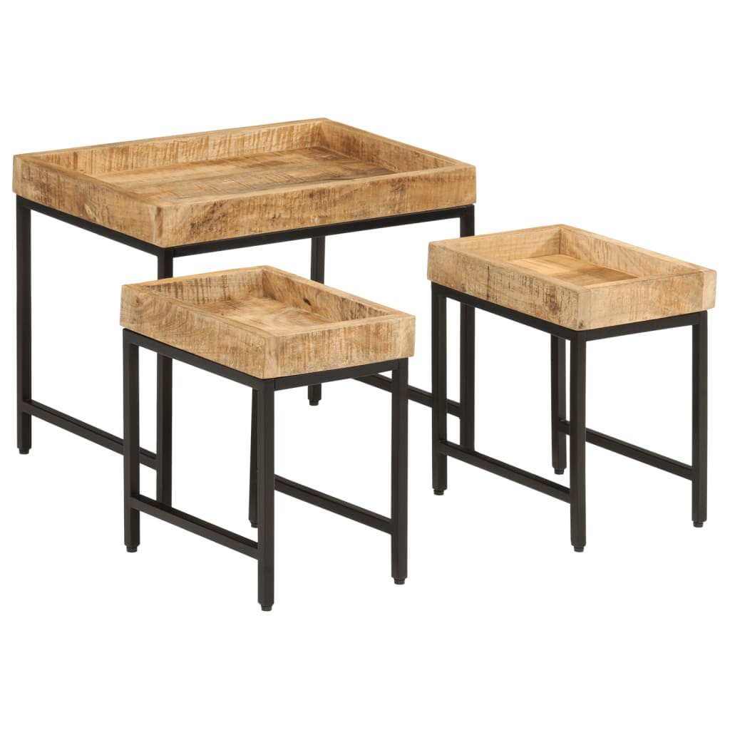 Nesting Coffee Tables 3 pcs Solid Rough Mango Wood and Iron