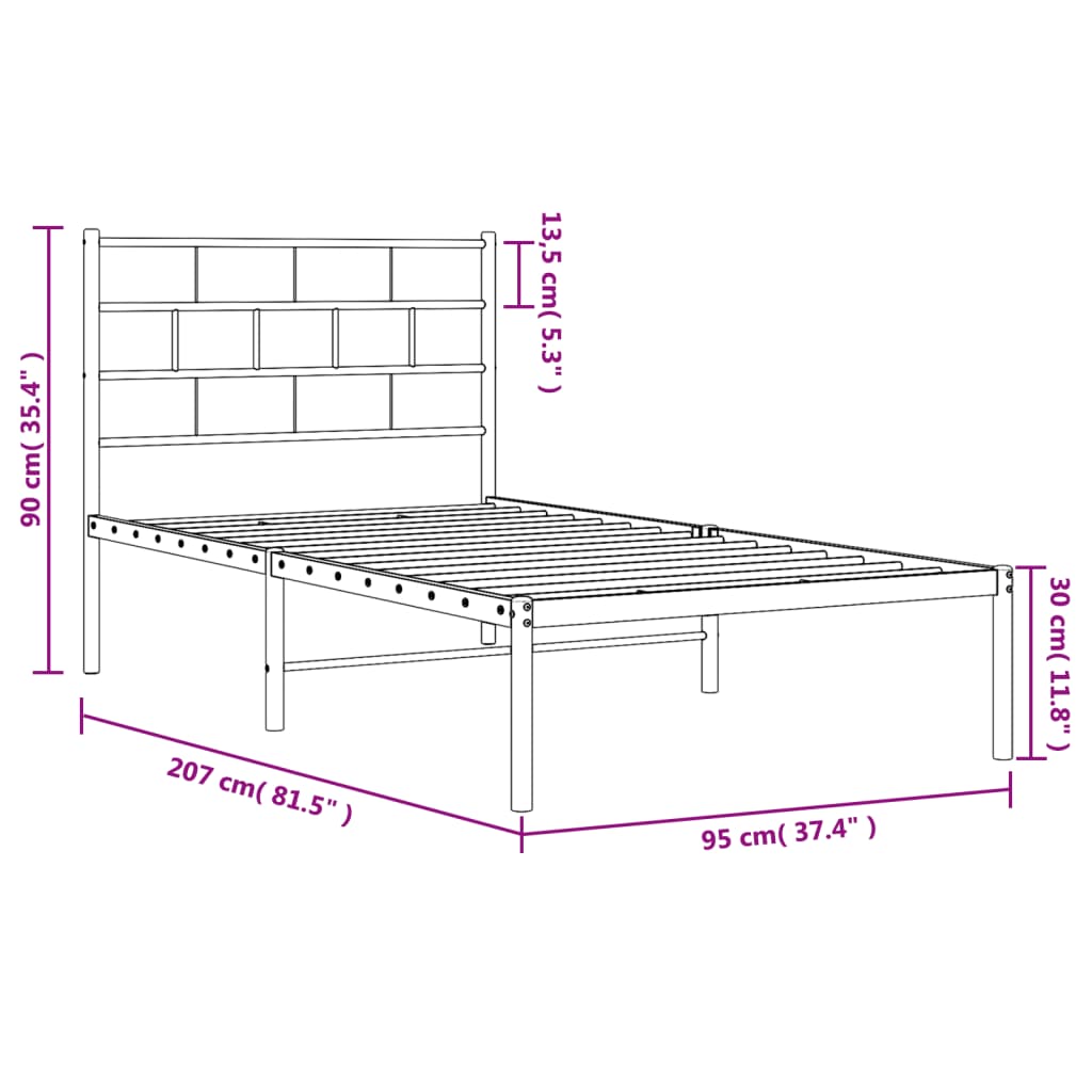 vidaXL Metal Bed Frame without Mattress with Headboard Black 90x200cm