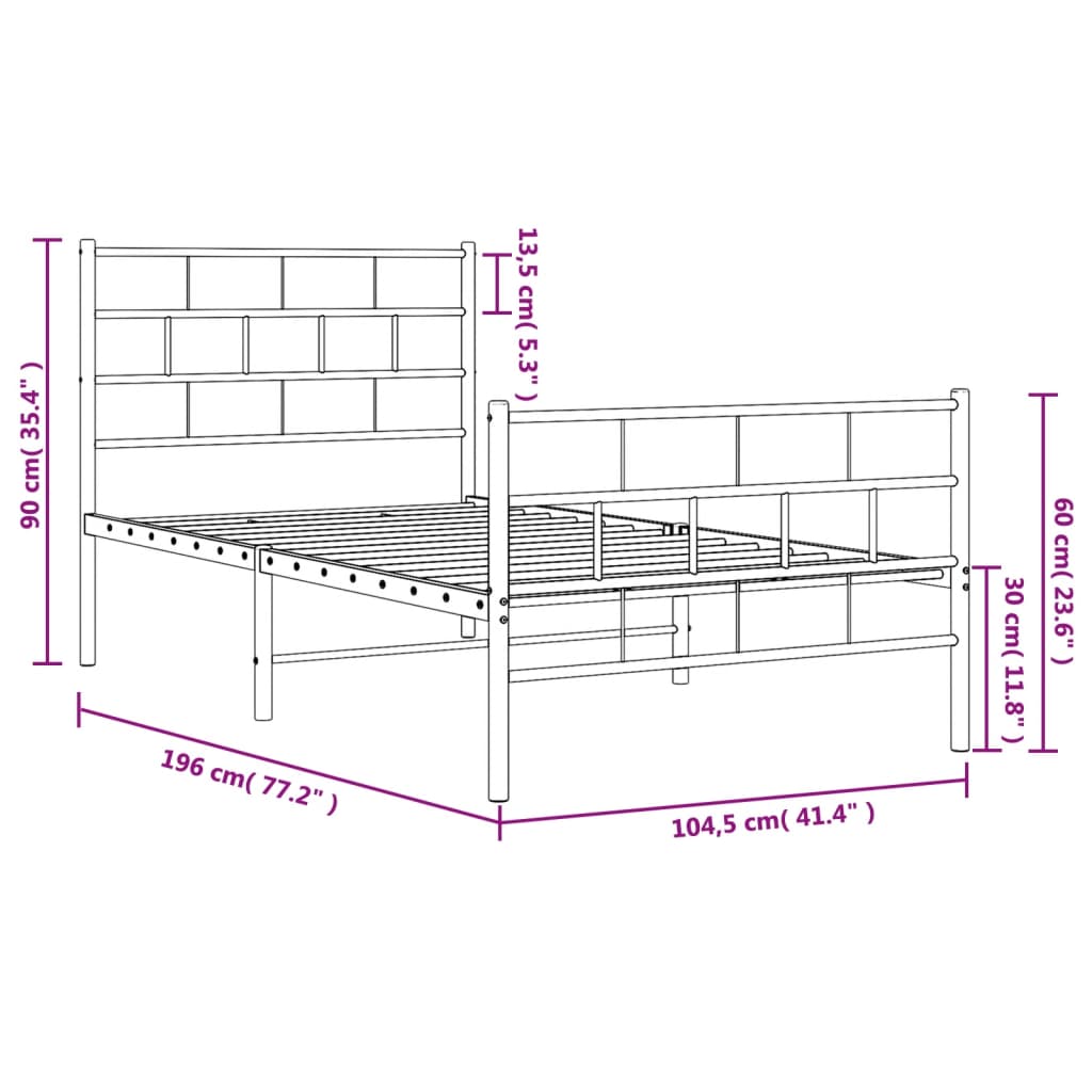 vidaXL Metal Bed Frame without Mattress with Footboard Black 100x190cm