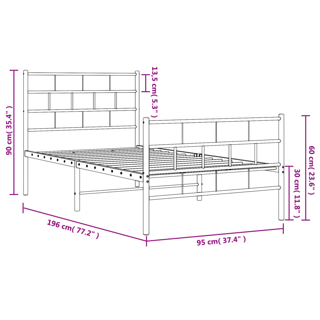 vidaXL Metal Bed Frame without Mattress with Footboard White 90x190cm