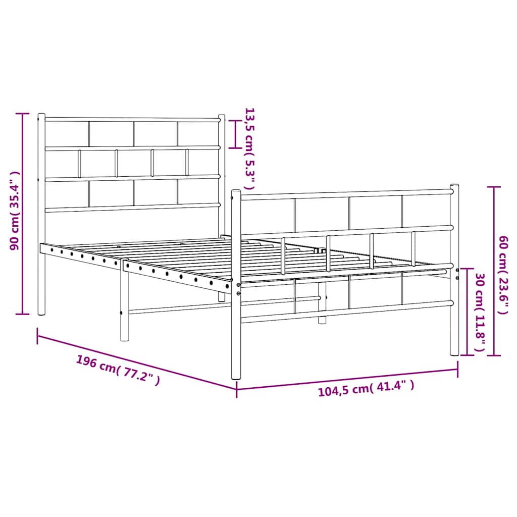 Metal Bed Frame without Mattress with Footboard White 100x190cm