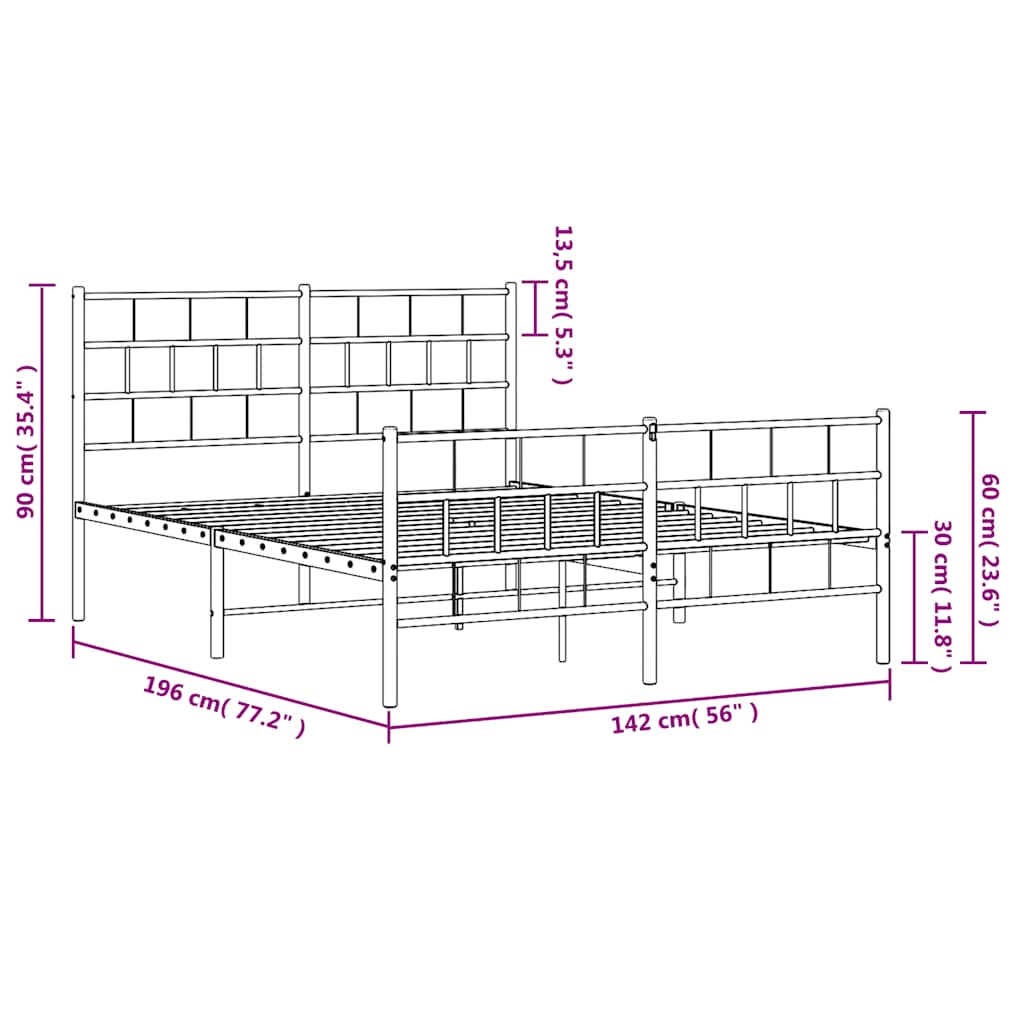 Metal Bed Frame without Mattress with Footboard White 135x190cm